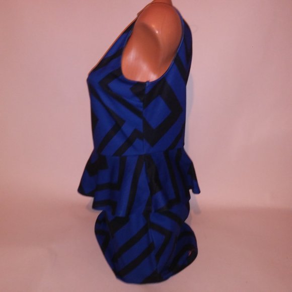 Dots Peplum Dress Large Black Blue Geo Sleeveless Scoop Neck Pencil Pit to Pit 1 - Picture 7 of 10